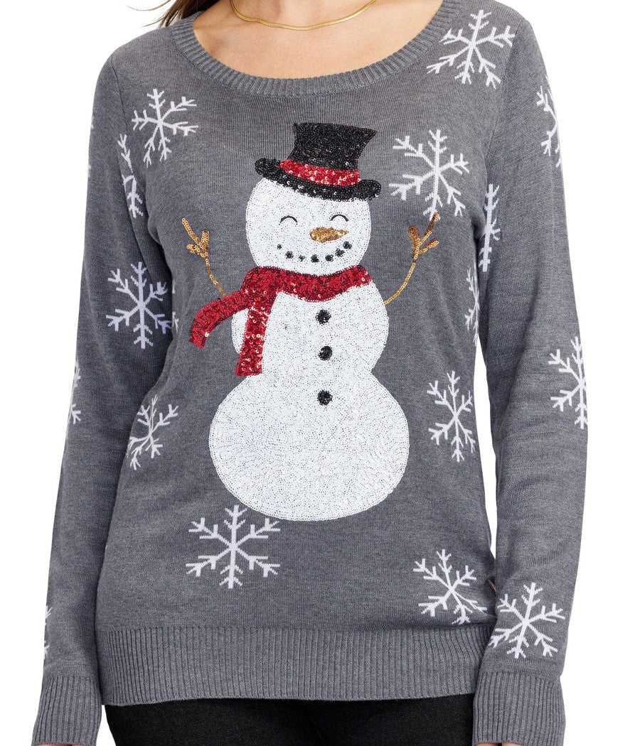 Sequin Snowman Pullover Sweater with Snowflake Sleeve Details
