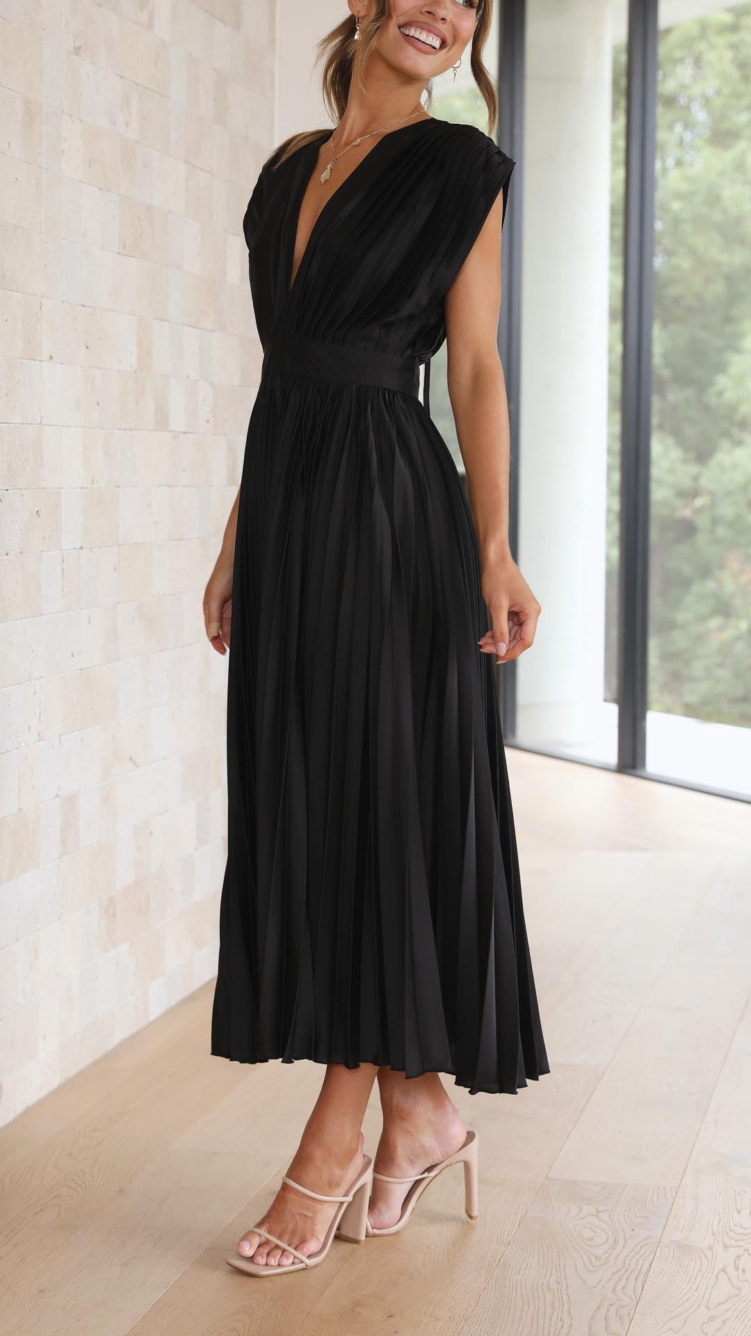 Pleated Maxi Dress with Draped V-Neck and High Waist, Lightweight Breathable Fabric