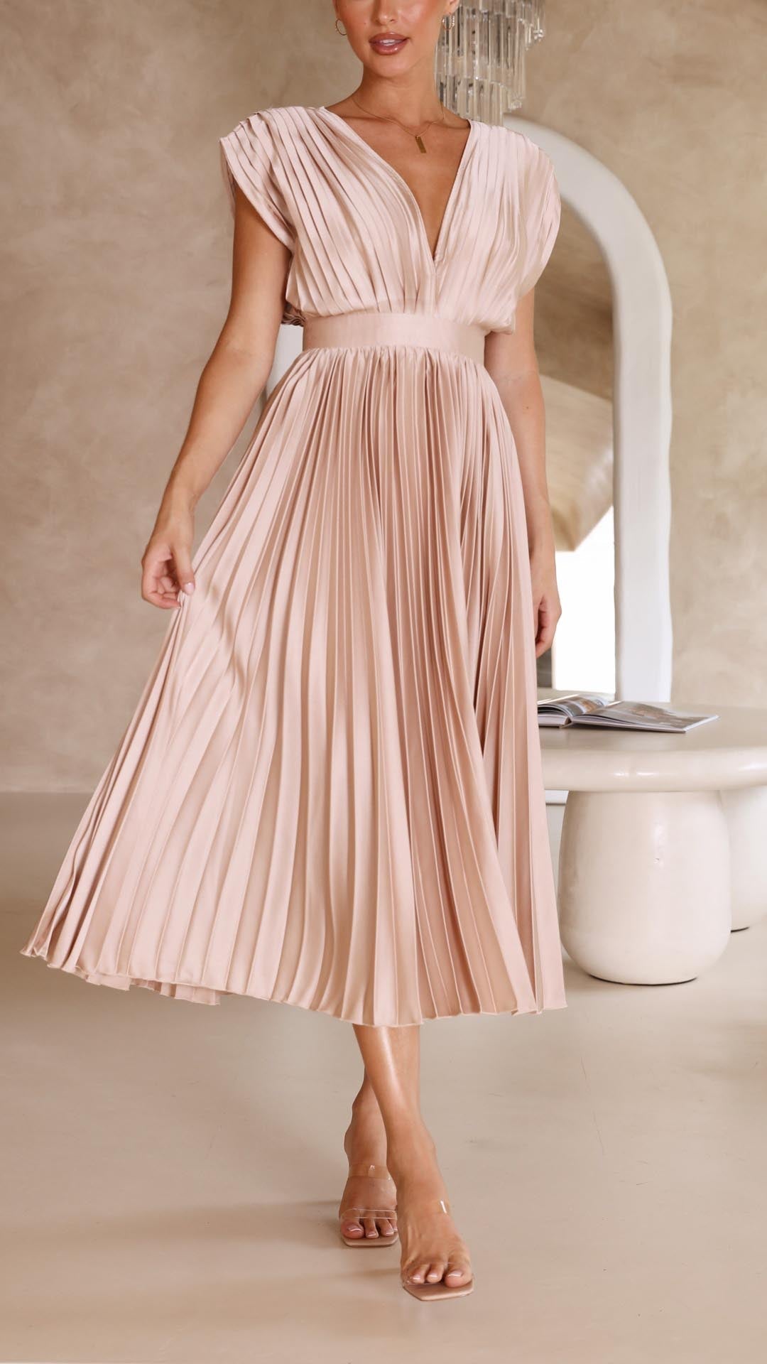 Pleated Maxi Dress with Draped V-Neck and High Waist, Lightweight Breathable Fabric