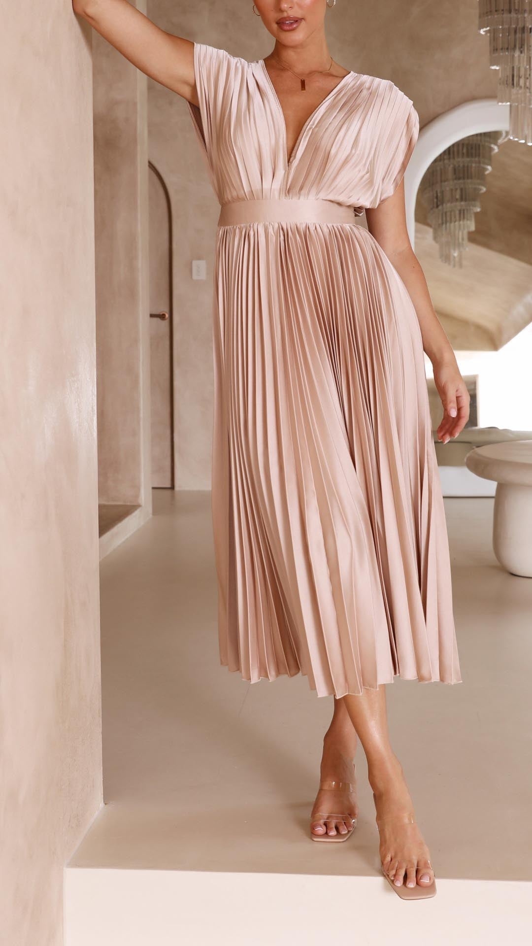Pleated Maxi Dress with Draped V-Neckline and High-Waisted Design