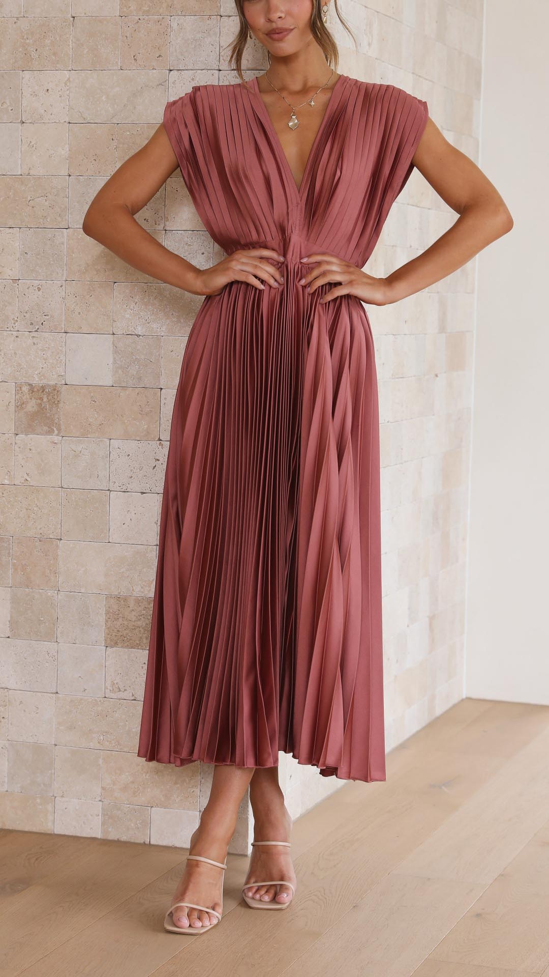 Pleated Maxi Dress with Draped V-Neck and High Waist, Lightweight Breathable Fabric