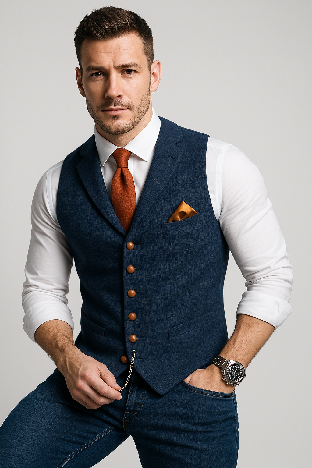 Men's Tweed Waistcoat with Notched Collar and Button Closure, Checked Silhouette