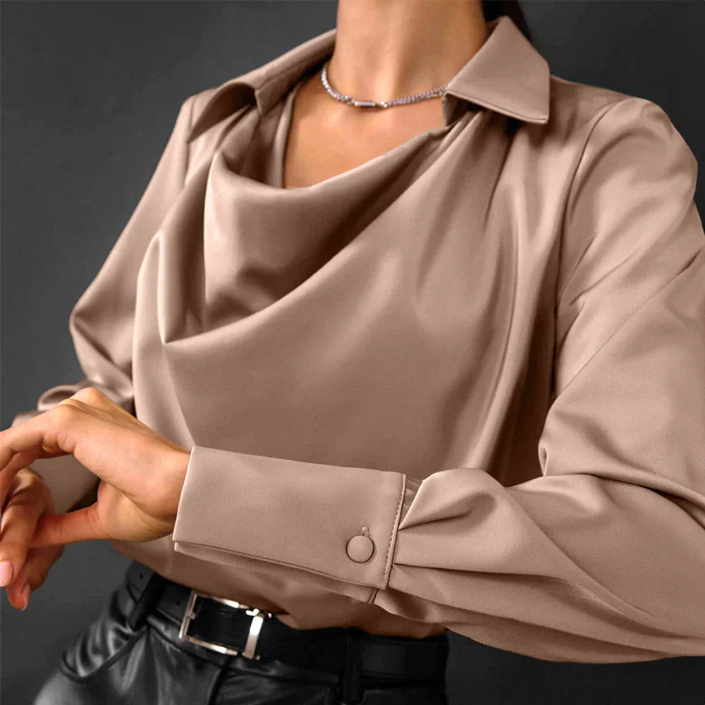Women's Satin Blouse with Draped Neck and Long Sleeves, Tailored Regular Fit