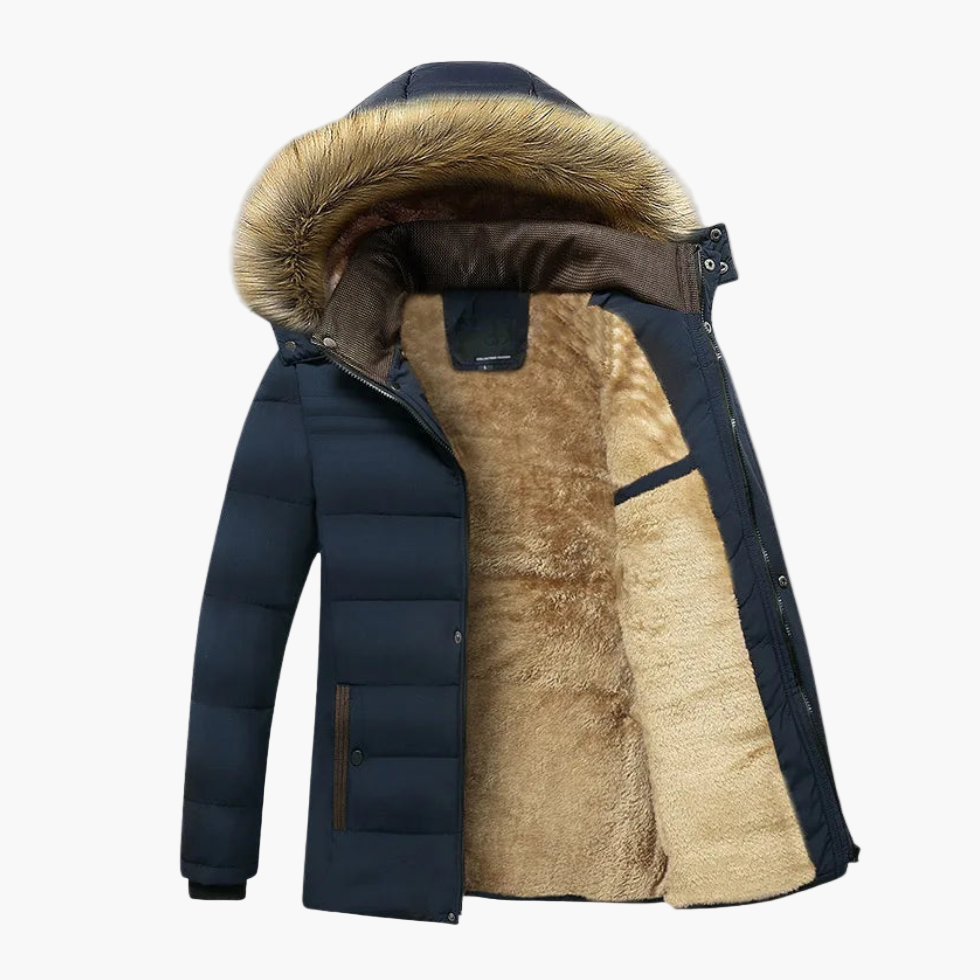 Men's Fur-Lined Winter Jacket with Detachable Hood and Weather-Resistant Shell