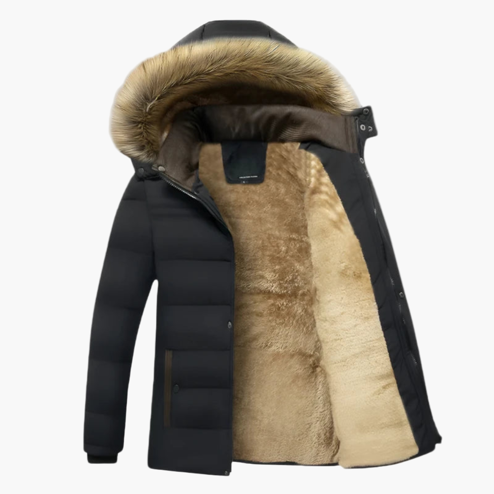 Men's Fur-Lined Winter Jacket with Detachable Hood and Weather-Resistant Shell