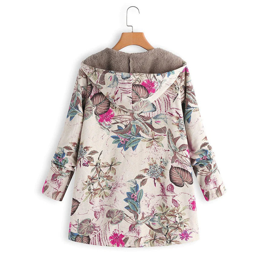 Women's Winter Coat with Adjustable Hood and All-Over Floral Print, Insulated Fill