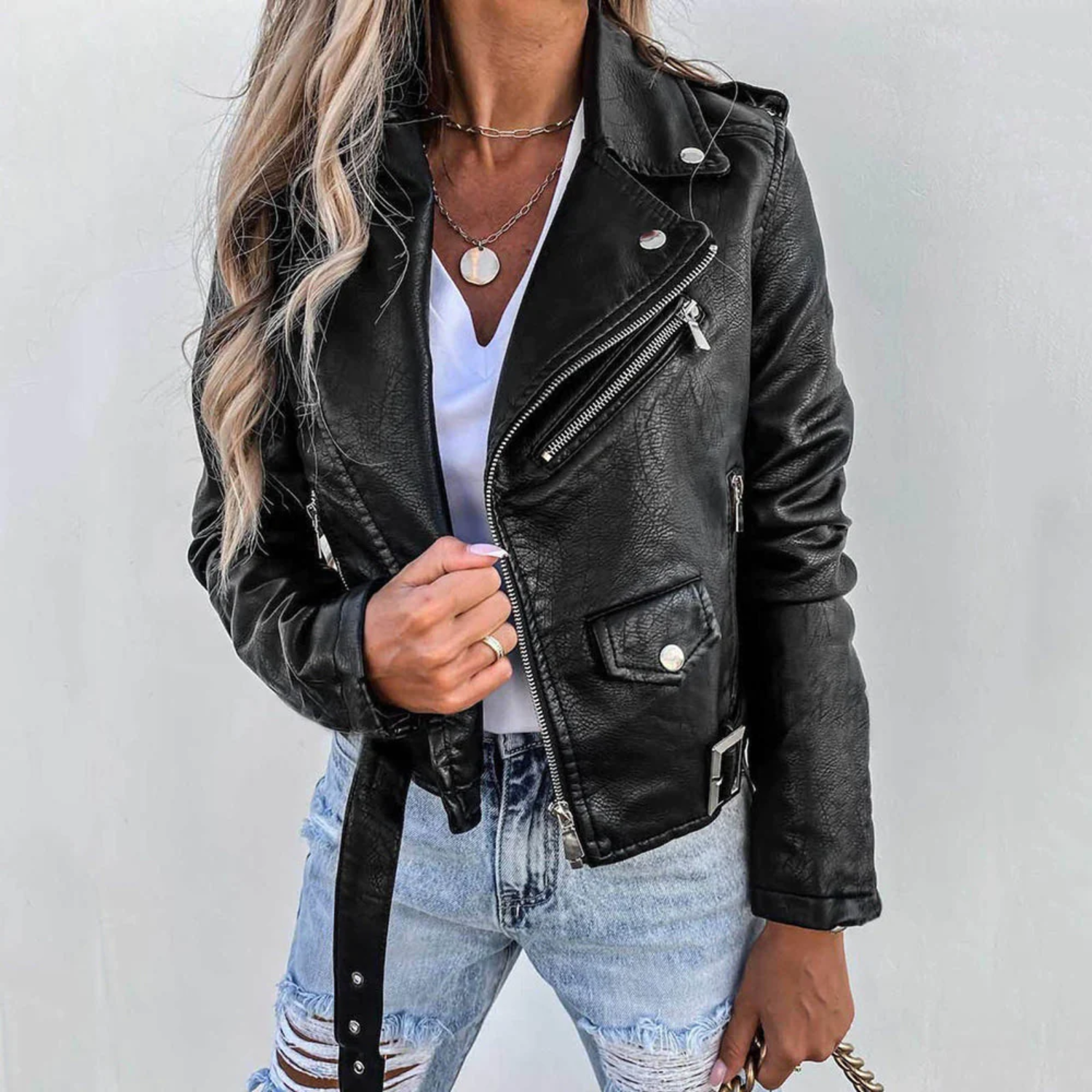 Women's Faux Leather Biker Jacket with Asymmetric Zipper and Zip Pockets, Tailored Fit
