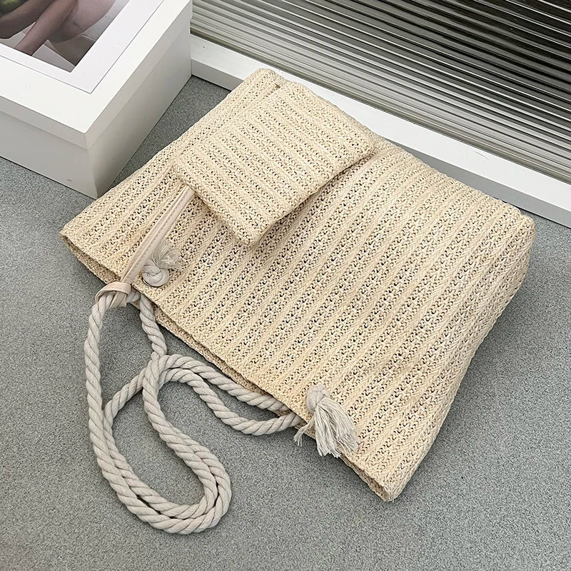Beach Tote with Rope Handles and Matching Pouch, Woven Straw Texture