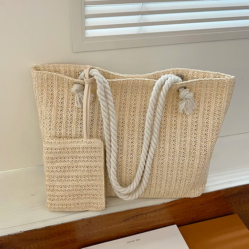 Beach Tote with Rope Handles and Matching Pouch, Woven Straw Texture