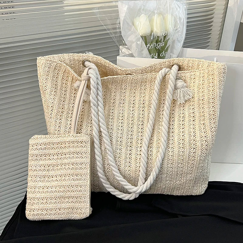 Beach Tote with Rope Handles and Matching Pouch, Woven Straw Texture