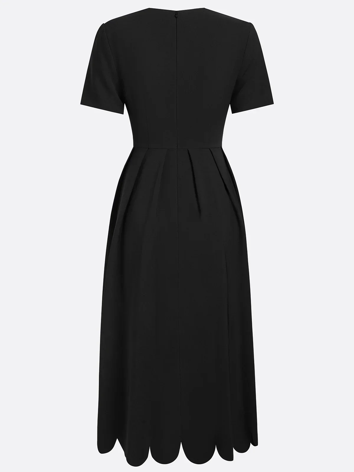 Black Midi Dress with Scalloped Neckline and Semi-Fitted Silhouette, Soft Stretch Blend