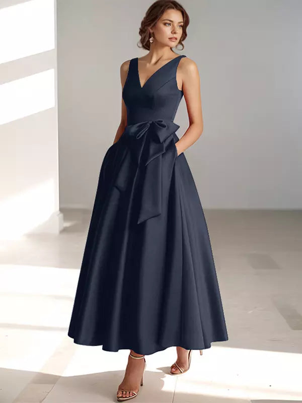 Women's A-Line Midi Dress with V-Neckline and Structured Bow Waist