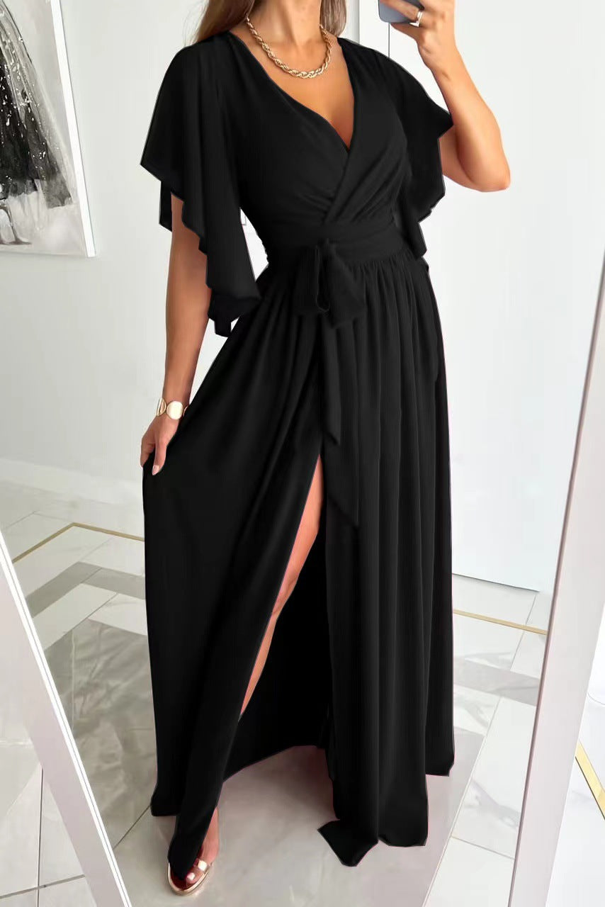 Wrap Maxi Dress with Flutter Sleeves and Adjustable Tie, Lightweight Crepe Floor Length