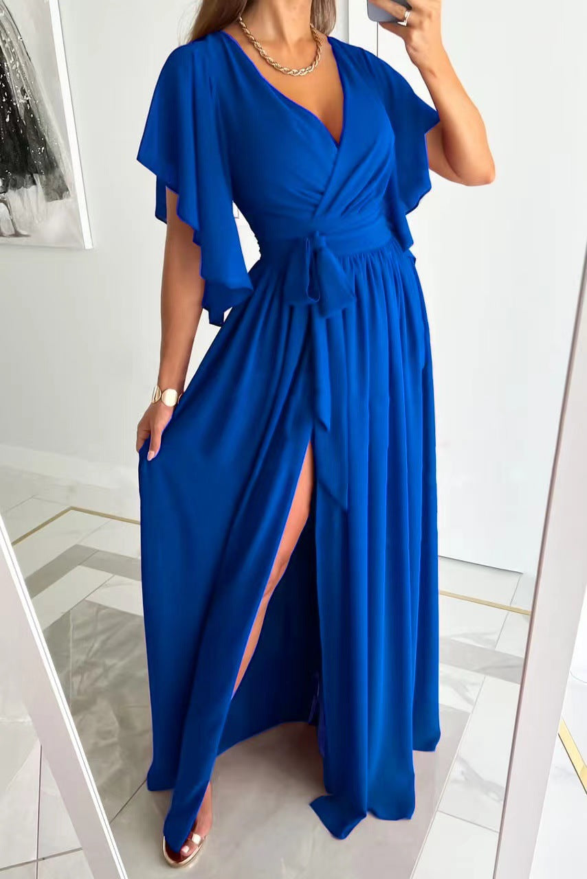 Wrap Maxi Dress with Flutter Sleeves and Adjustable Tie, Lightweight Crepe Floor Length