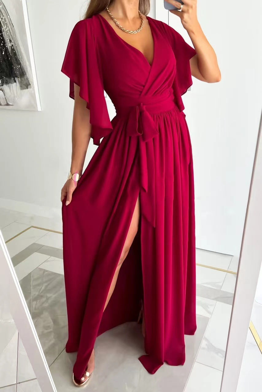 Wrap Maxi Dress with Flutter Sleeves and Adjustable Tie, Lightweight Crepe Floor Length