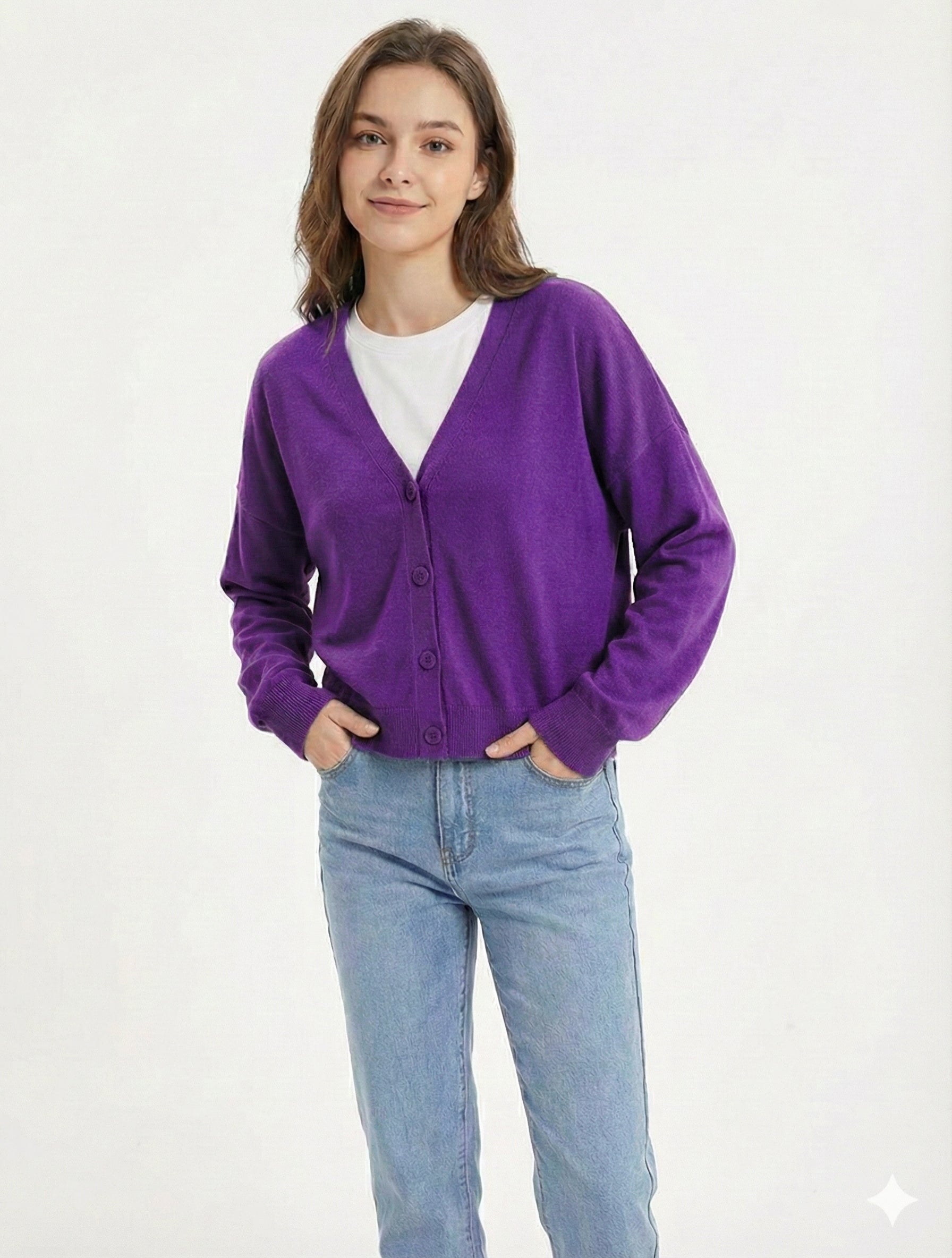 Button-Front Cardigan with Textured Knit and Relaxed Fit, Hip-Length Long Sleeve