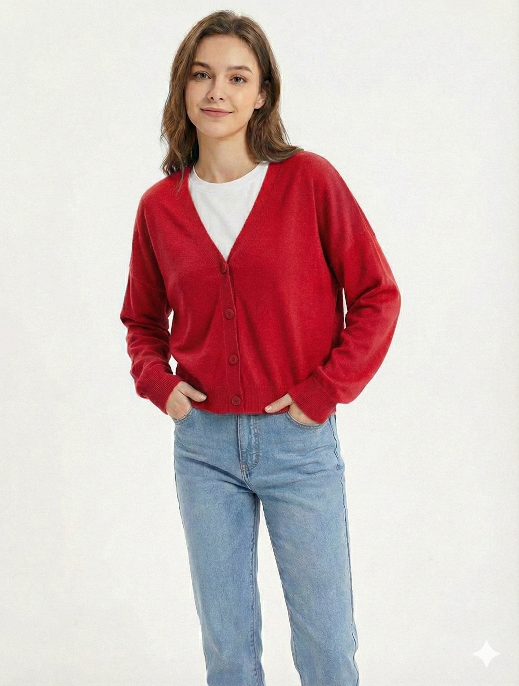 Button-Front Cardigan with Textured Knit and Relaxed Fit, Hip-Length Long Sleeve