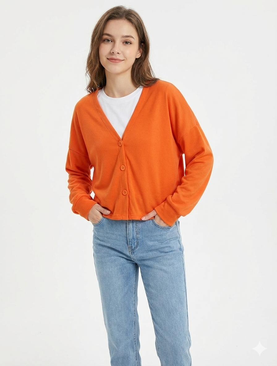 Button-Front Cardigan with Textured Knit and Relaxed Fit, Hip-Length Long Sleeve