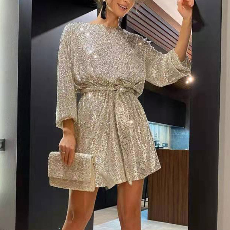Sequin Mini Dress with Long Sleeves and Self-Tie Belt, Boat Neck