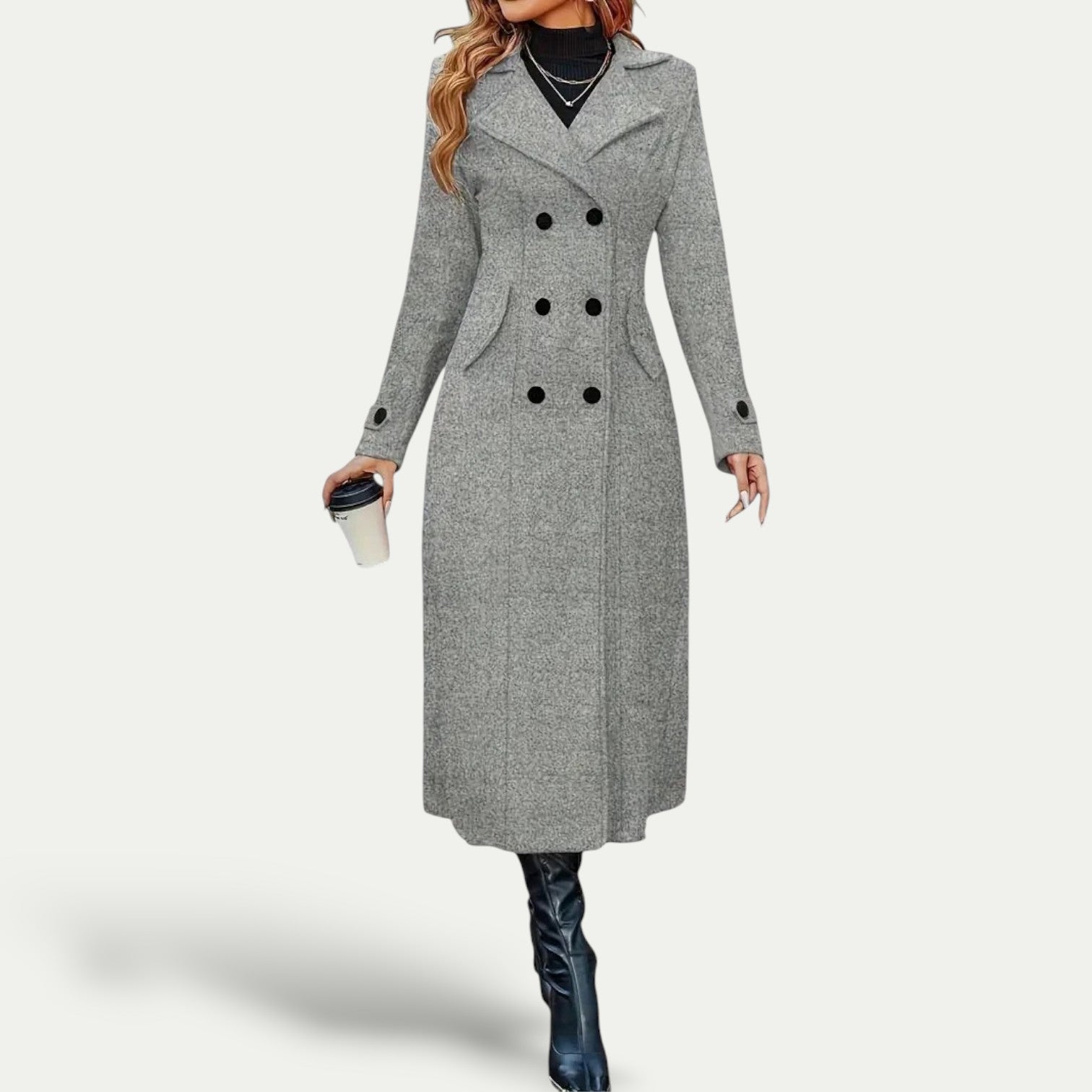 Double-Breasted Longline Coat, Structured Shoulders for Women