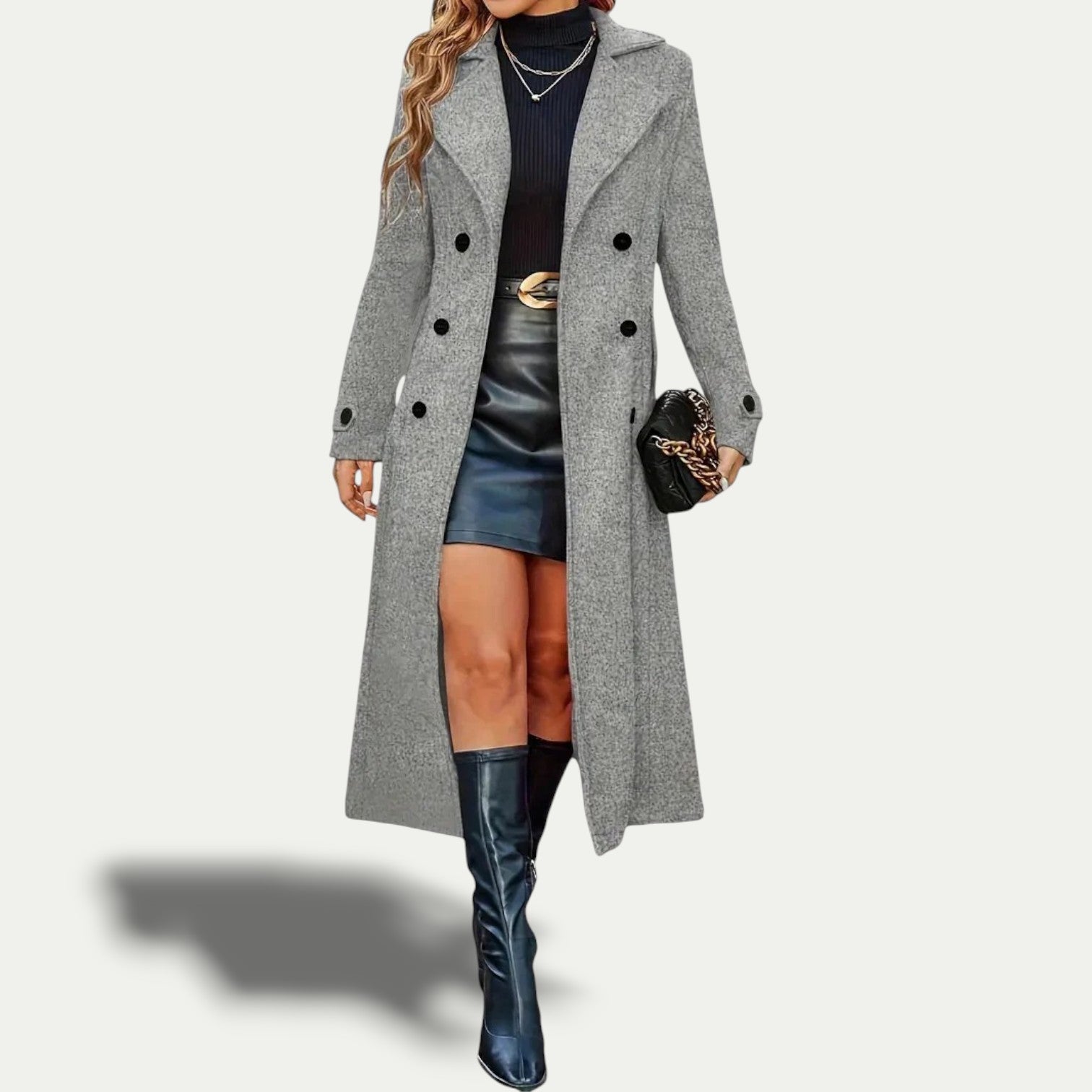 Double-Breasted Longline Coat, Structured Shoulders for Women