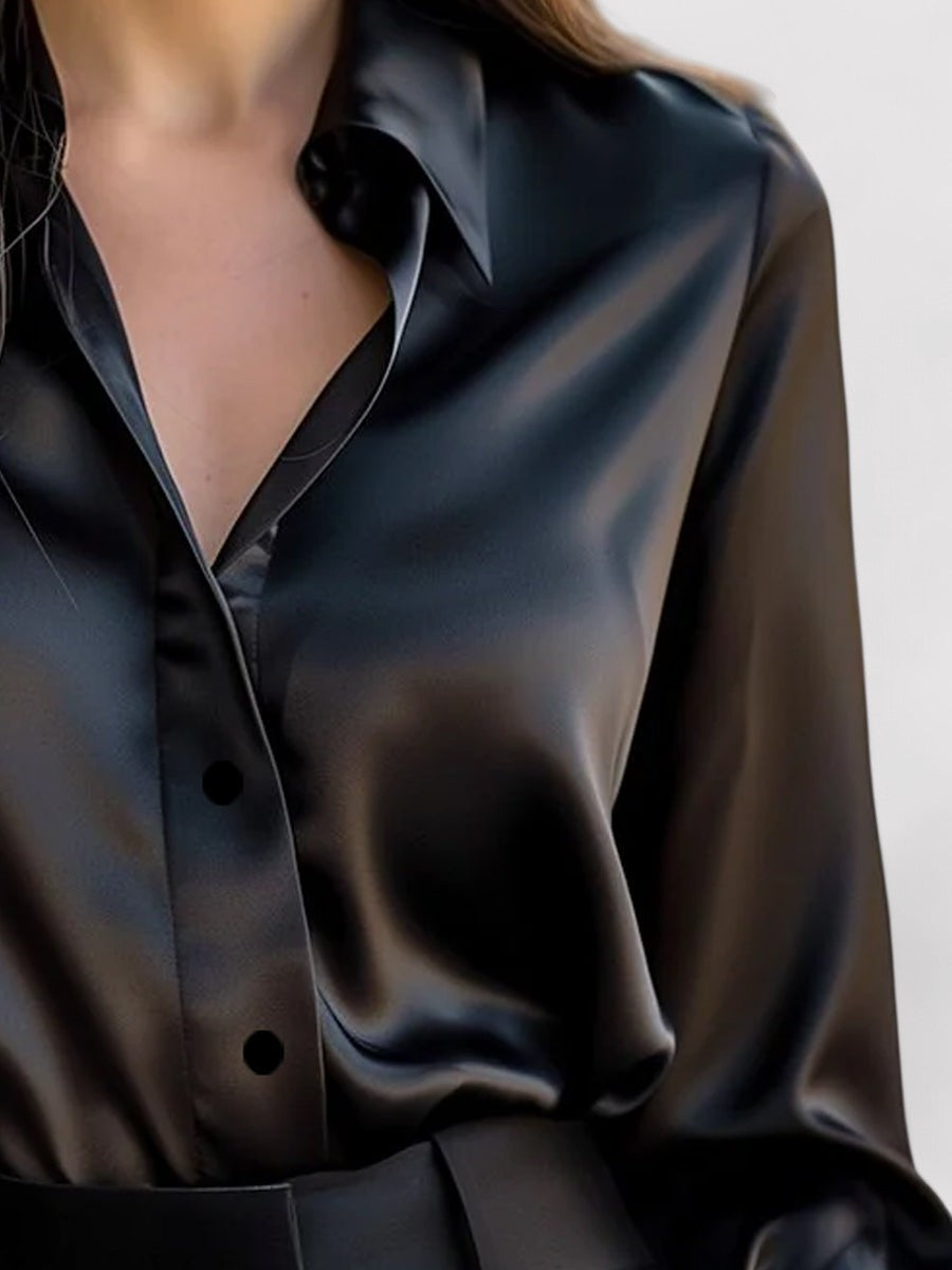 Satin Blend Blouse with Long Sleeves and Classic Collar, Relaxed Fit