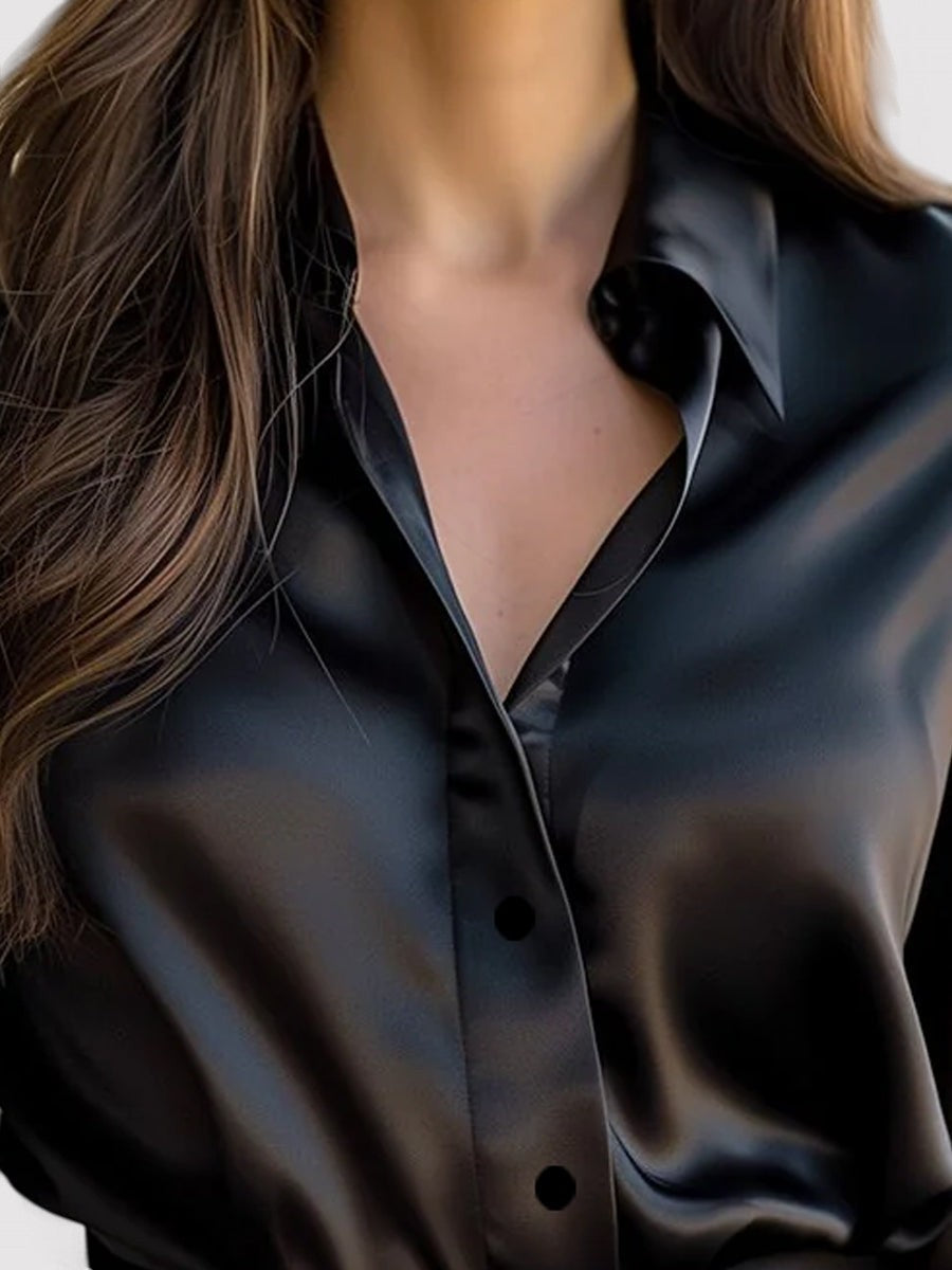 Satin Blend Blouse with Long Sleeves and Classic Collar, Relaxed Fit