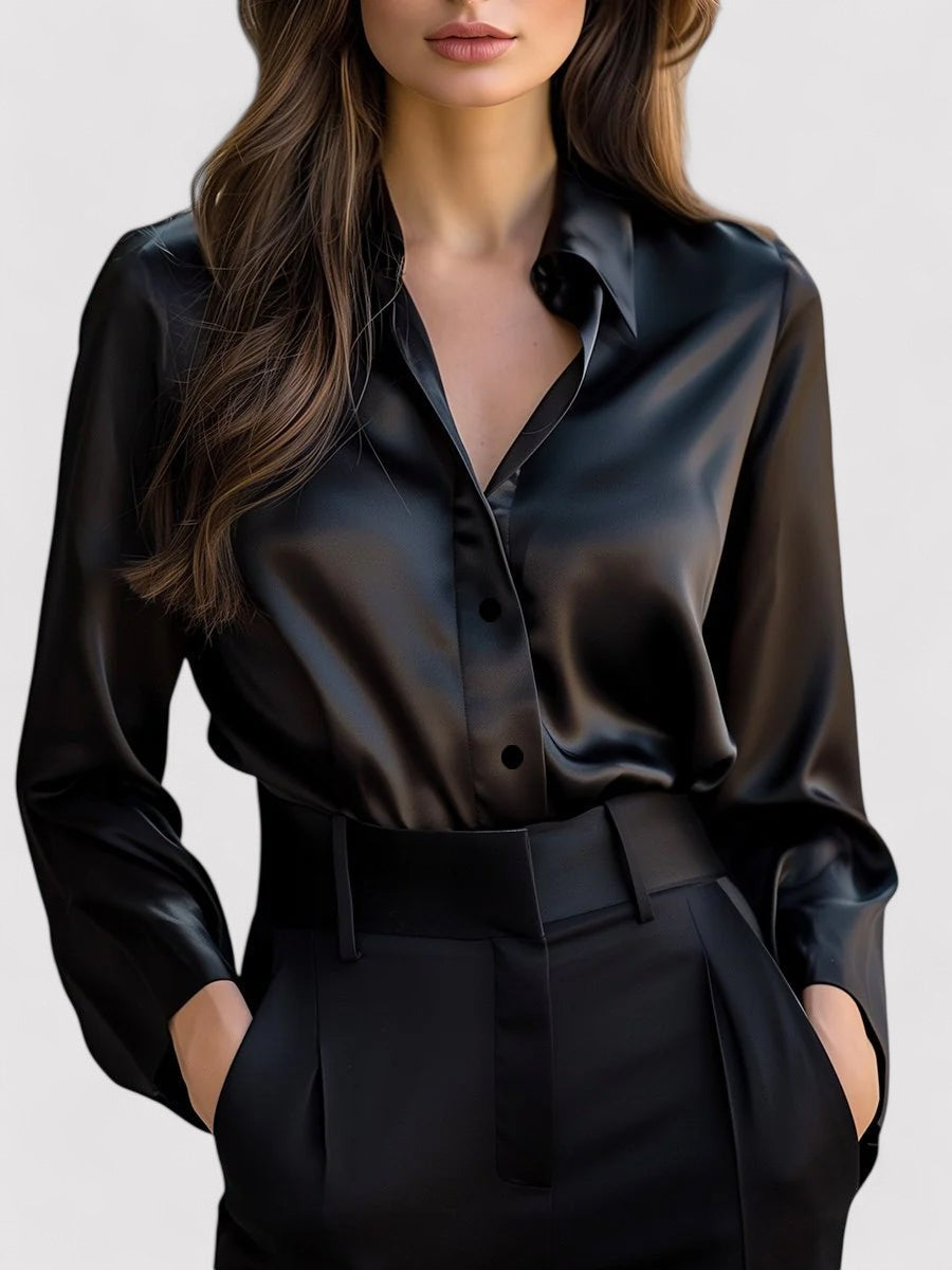 Satin Blend Blouse with Long Sleeves and Classic Collar, Relaxed Fit