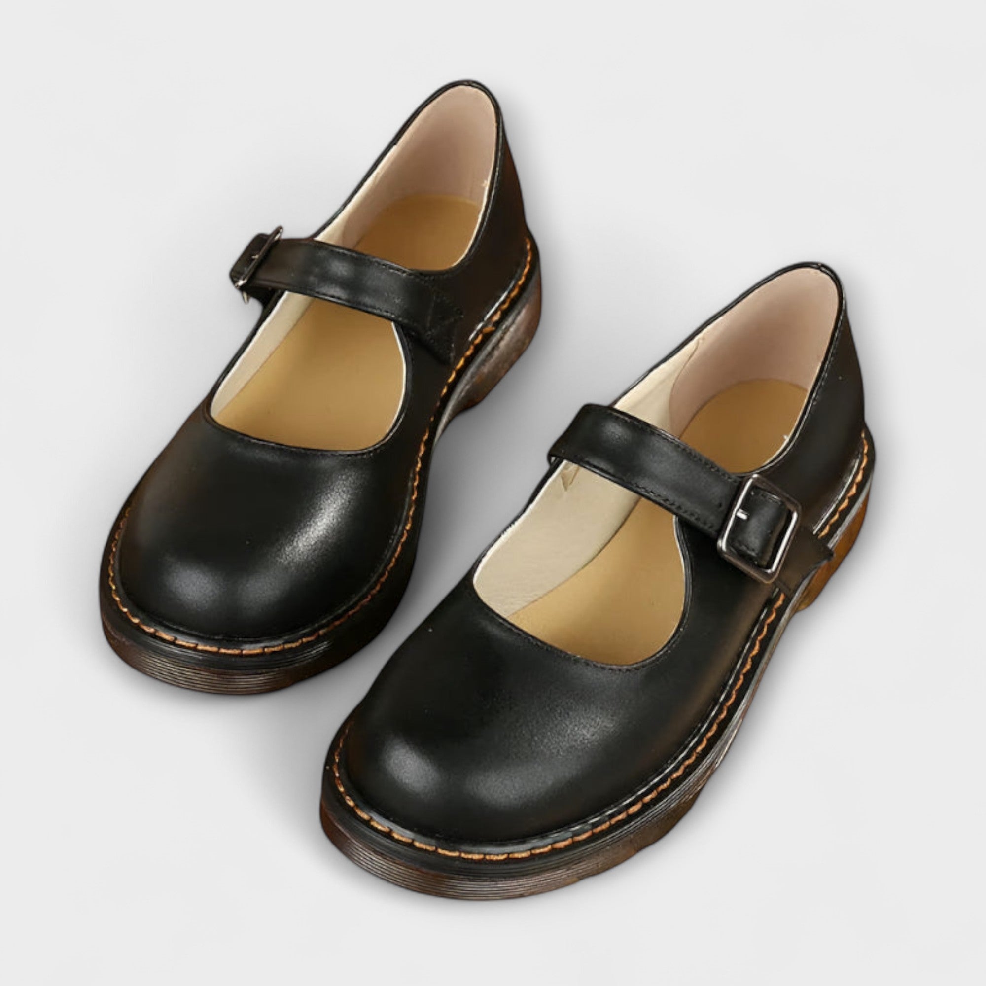 Women's Round Toe Mary Jane Flats with Adjustable Buckle Strap and Cushioned Low Heel