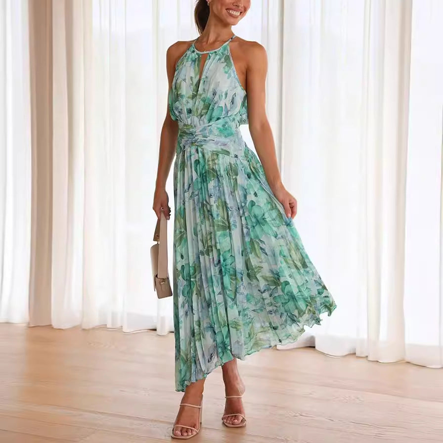 Watercolor Floral Halter Midi Dress with Keyhole Detail and Wrap Waist
