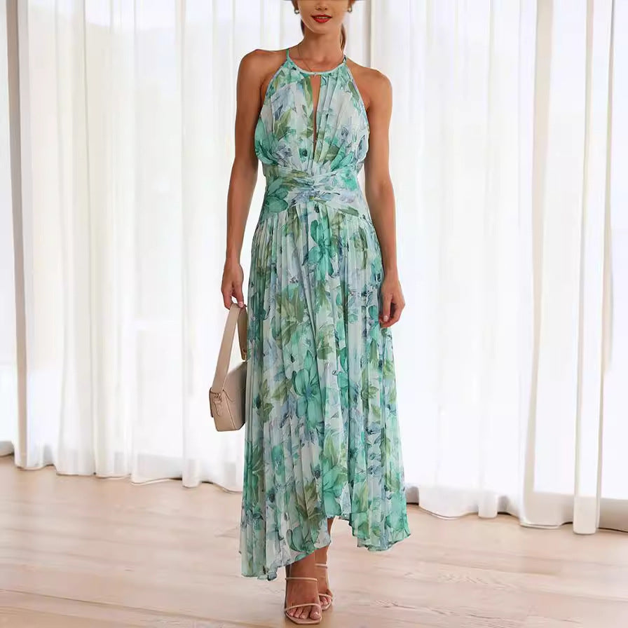 Watercolor Floral Halter Midi Dress with Keyhole Detail and Wrap Waist