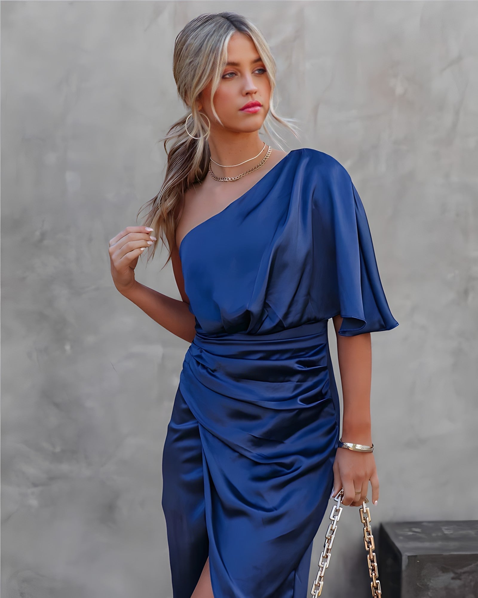 One Shoulder Midi Dress with Ruched Detailing and Side Zipper, Stretch Knit