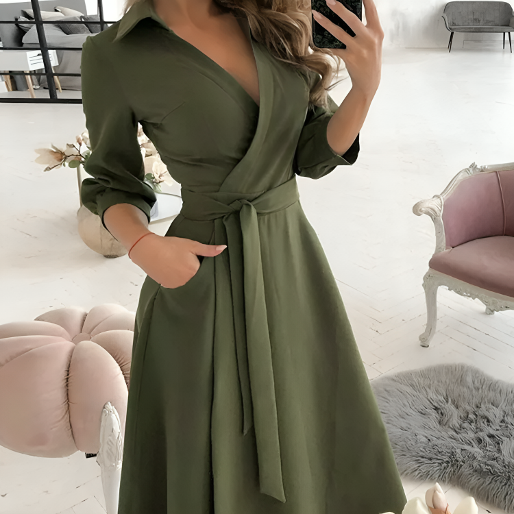 Women's Wrap Midi Dress with V-Neck and Adjustable Tie Belt