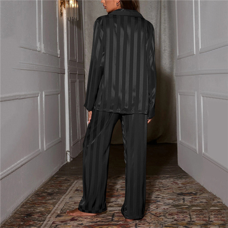Striped Long Sleeve Pajama Set with Button-Through Shirt and Straight-Leg Pants