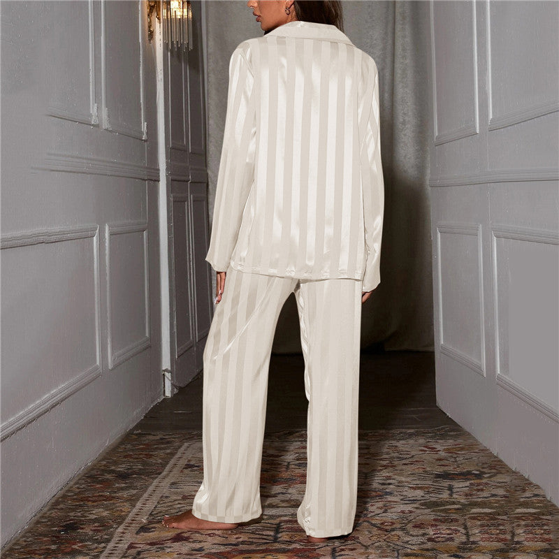 Striped Long Sleeve Pajama Set with Button-Through Shirt and Straight-Leg Pants
