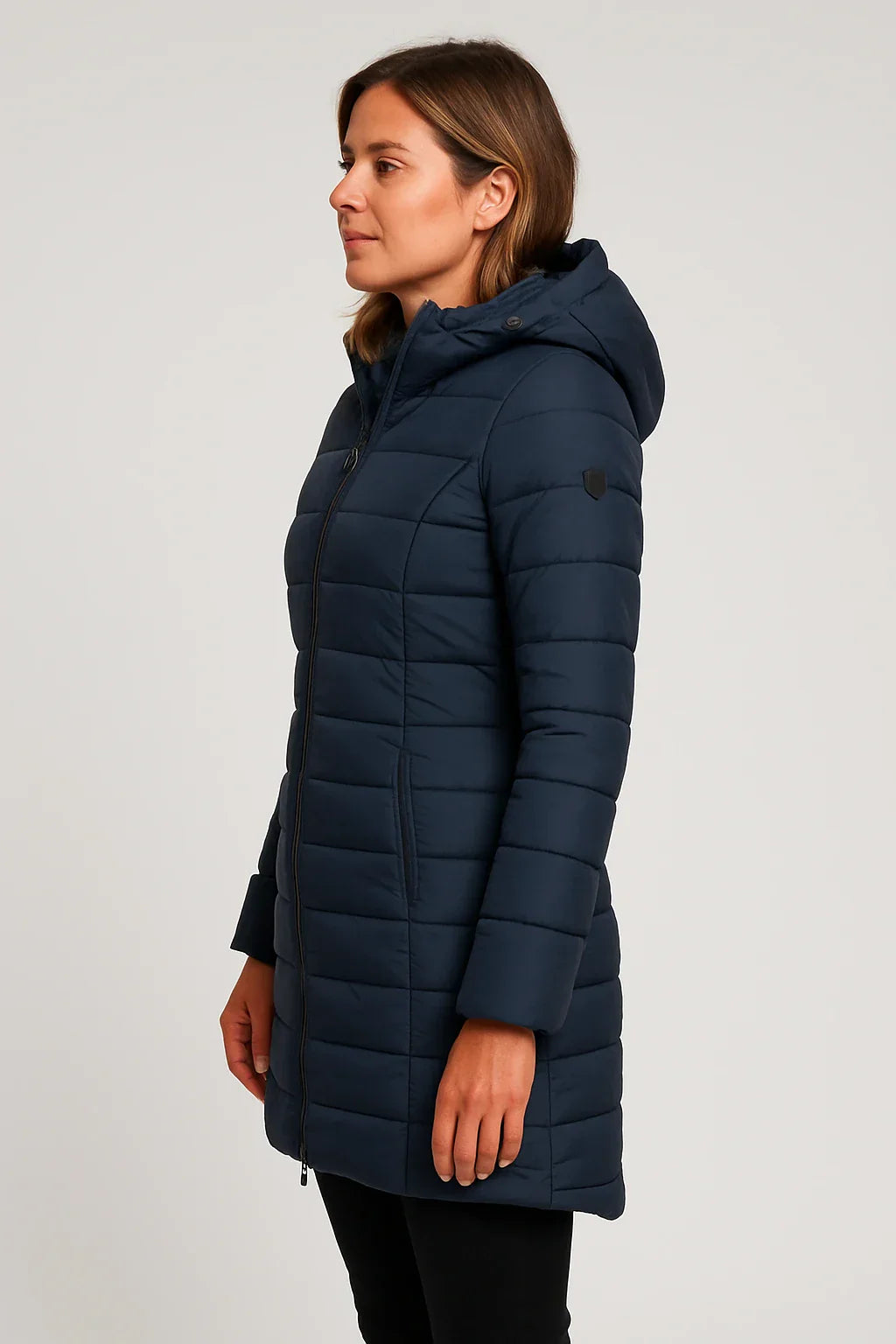 Women's Quilted Puffer Jacket with Detachable Hood and Mid-Length Fit