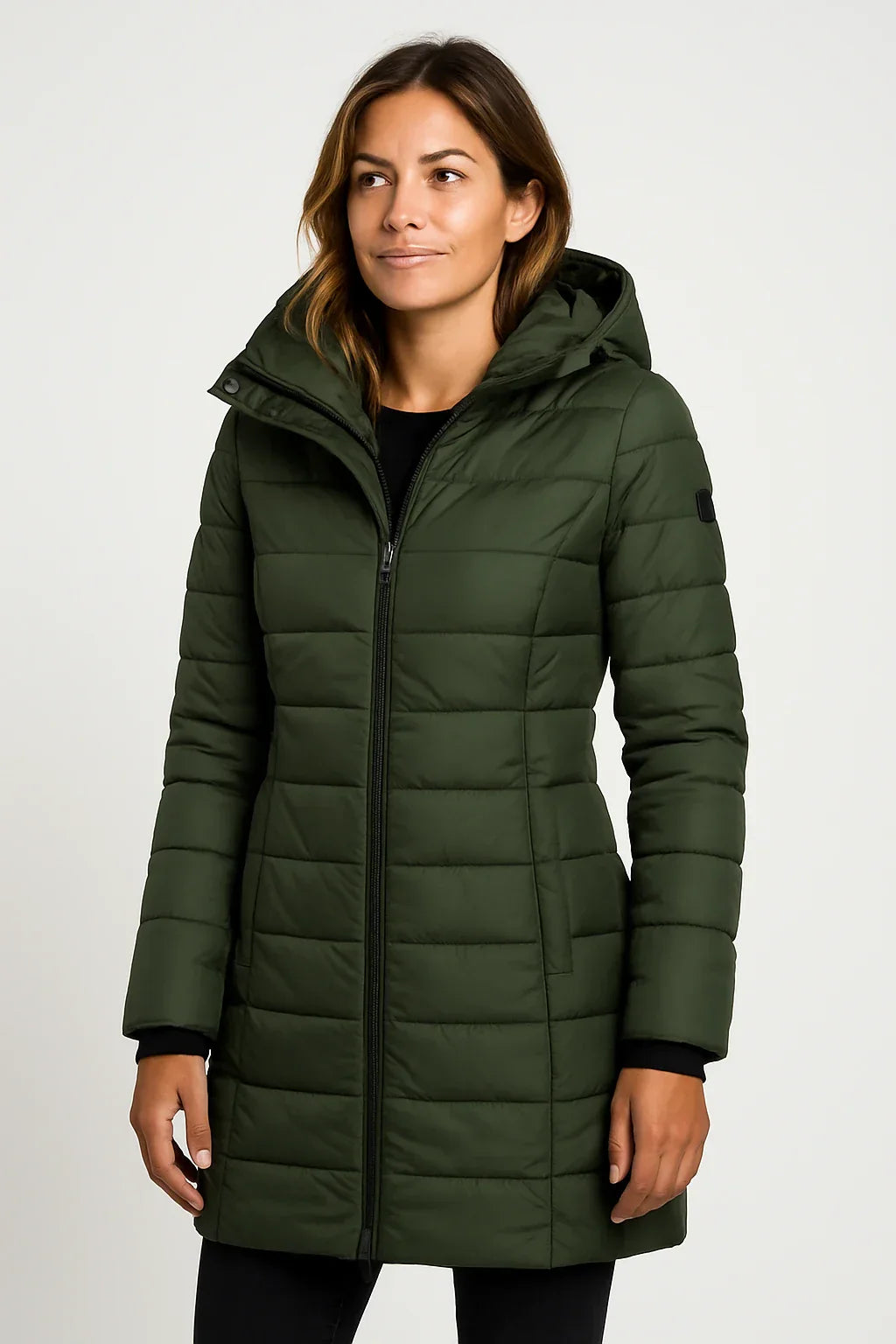 Women's Quilted Puffer Jacket with Detachable Hood and Mid-Length Fit