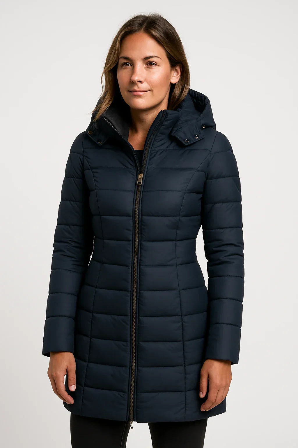 Women's Quilted Puffer Jacket with Detachable Hood and Mid-Length Fit