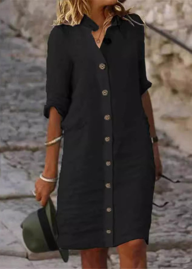 Shirt Dress with Button Front and Half Sleeves, Relaxed Straight Fit
