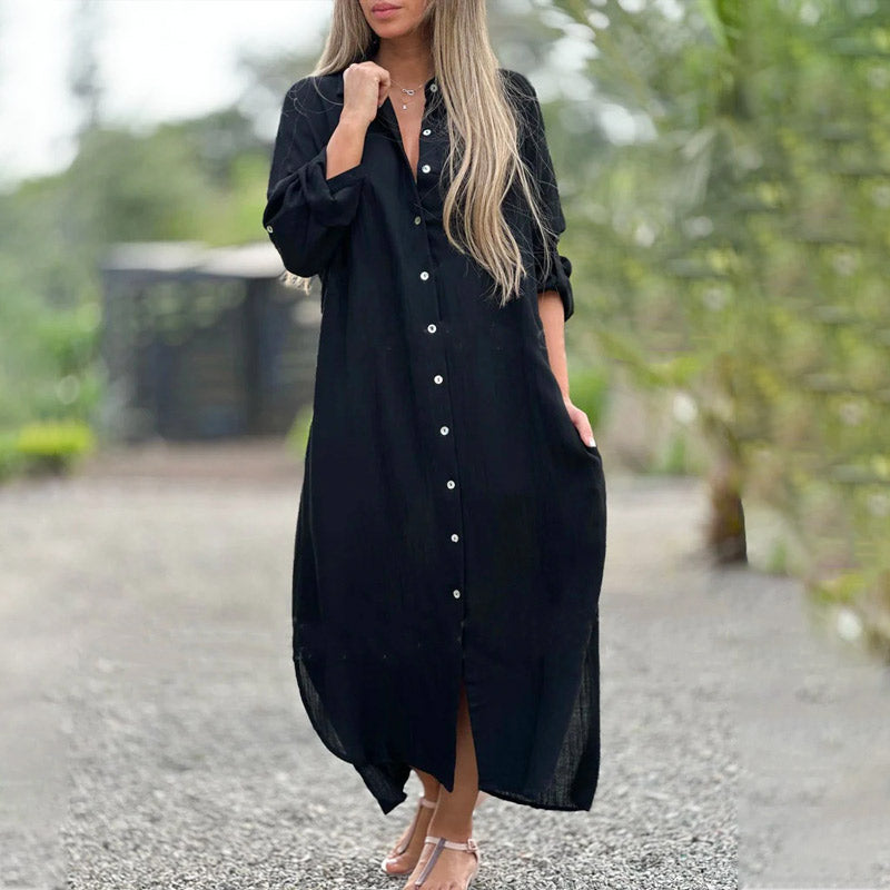 Women's Maxi Shirt Dress with Relaxed Shirt Silhouette and Long Sleeves, Front Button Placket