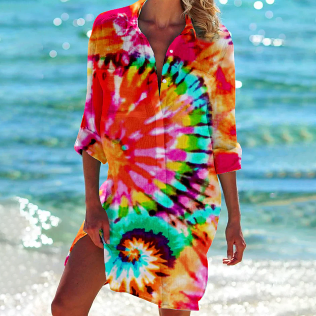 Shirt Dress with Tie-Dye Print and Button-Down Front, Lightweight Breathable Fabric