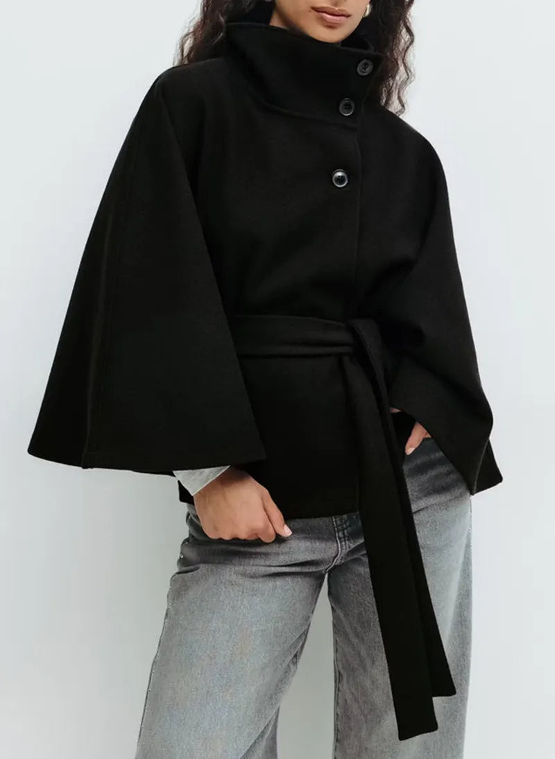 Short Cape Coat for Women with Funnel Neck and Tie Belt, Wide Cape Sleeves