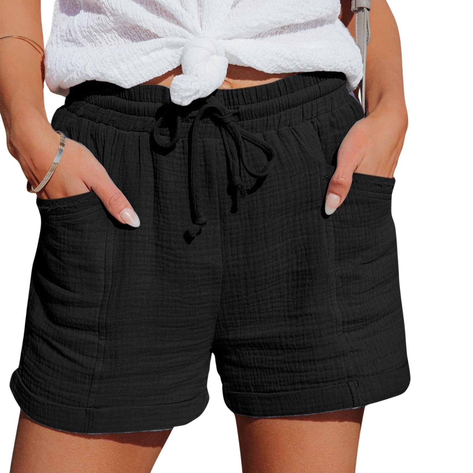 Relaxed Fit Women's Shorts with Front Pockets and Adjustable Waistband, Soft Fabric