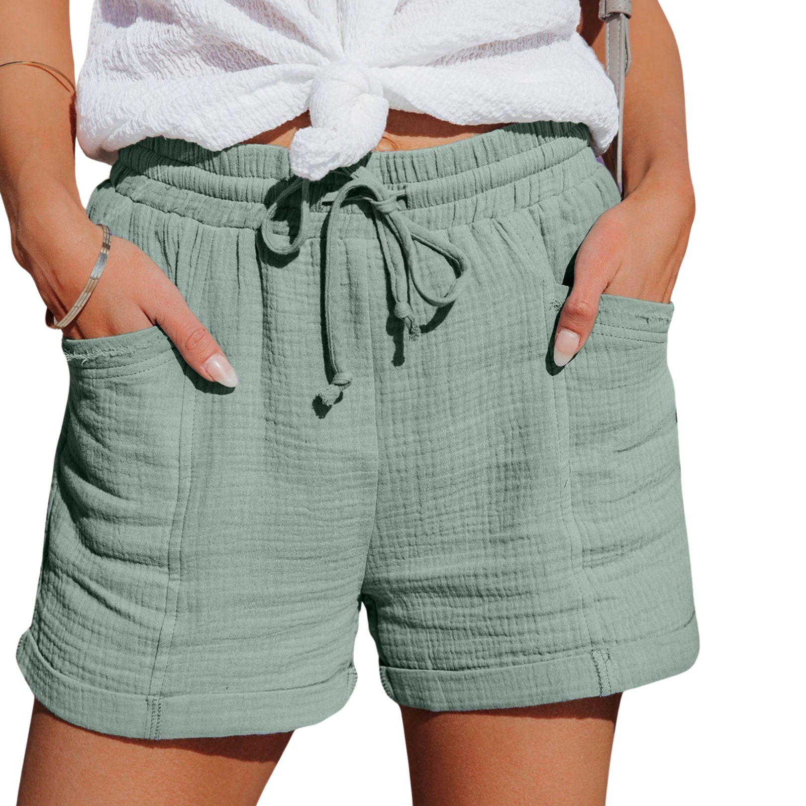 Relaxed Fit Women's Shorts with Front Pockets and Adjustable Waistband, Soft Fabric