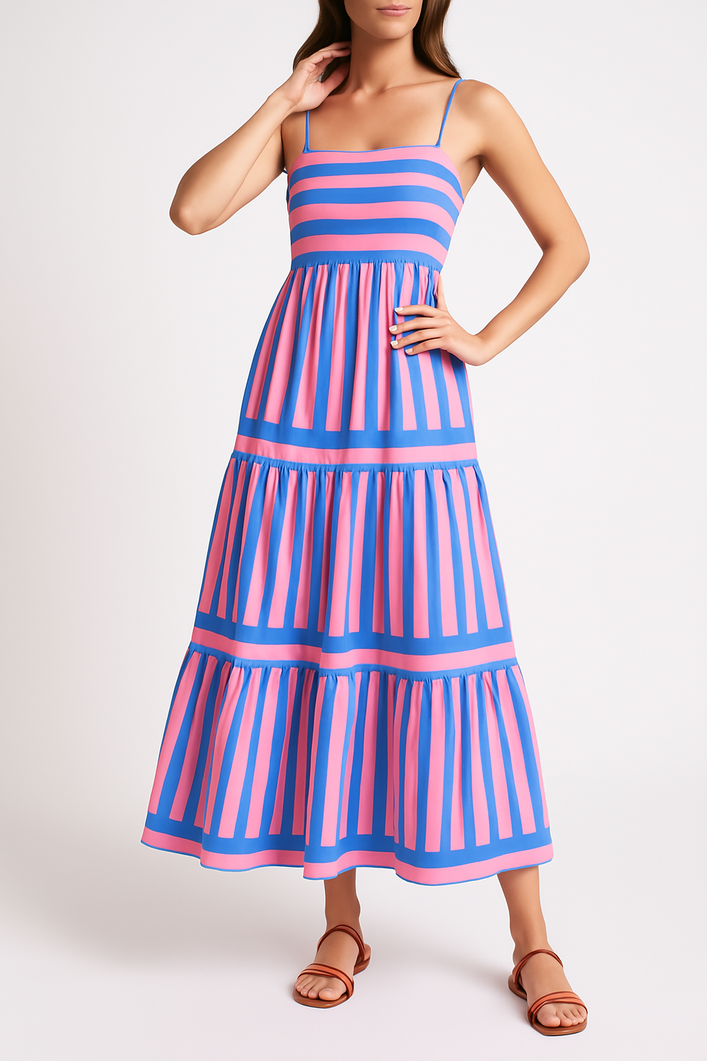 Women's Tiered Maxi Dress with Vertical Stripes and Side Pockets