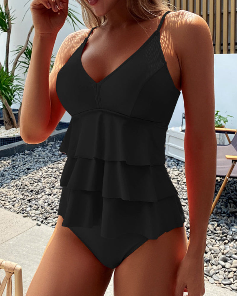 Women's Layered Tankini with Adjustable Straps and High-Rise Bottom