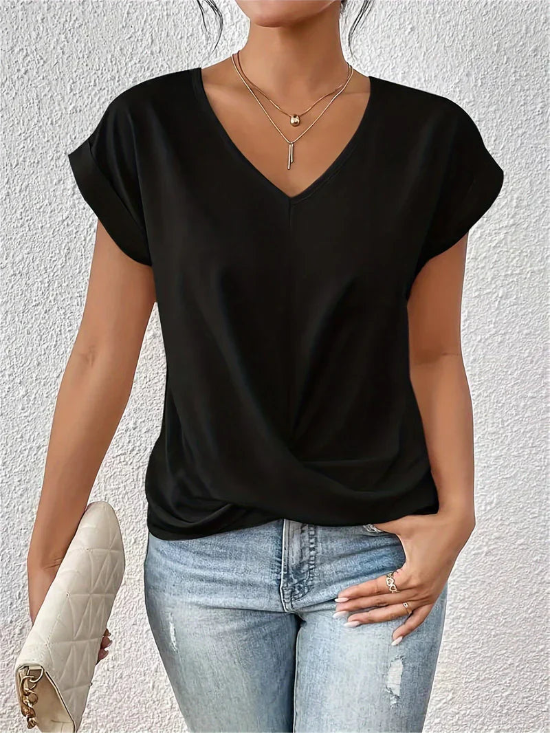 V-Neck Twist Front T-Shirt for Women with Short Sleeves and Relaxed Fit