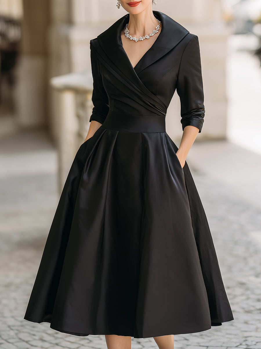 Satin-Like Midi Dress with Stretch Blend and Semi-Fitted Bodice, Mid-Calf Length