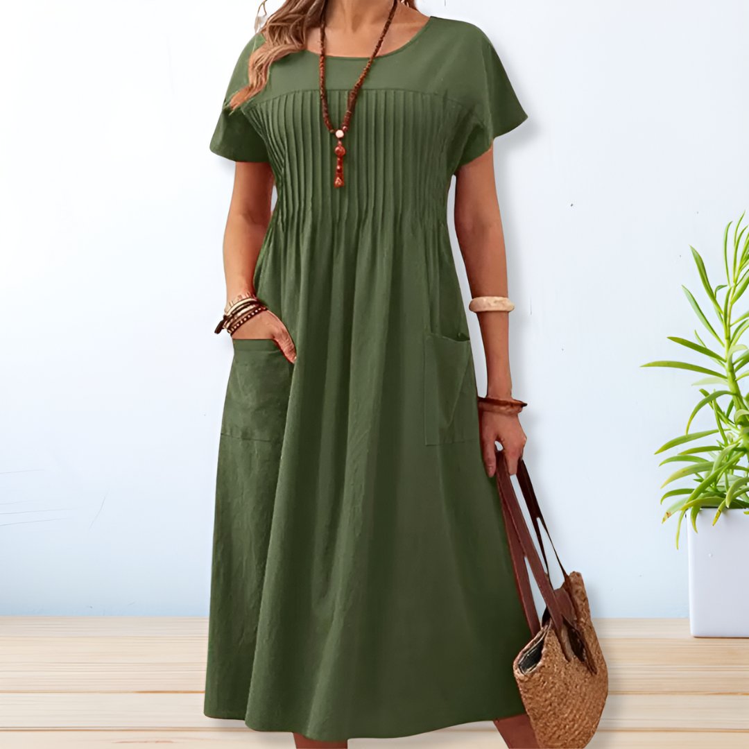 Relaxed Fit Dress with Side Seam Pockets and Short Sleeves, Mid-Length Cotton Blend
