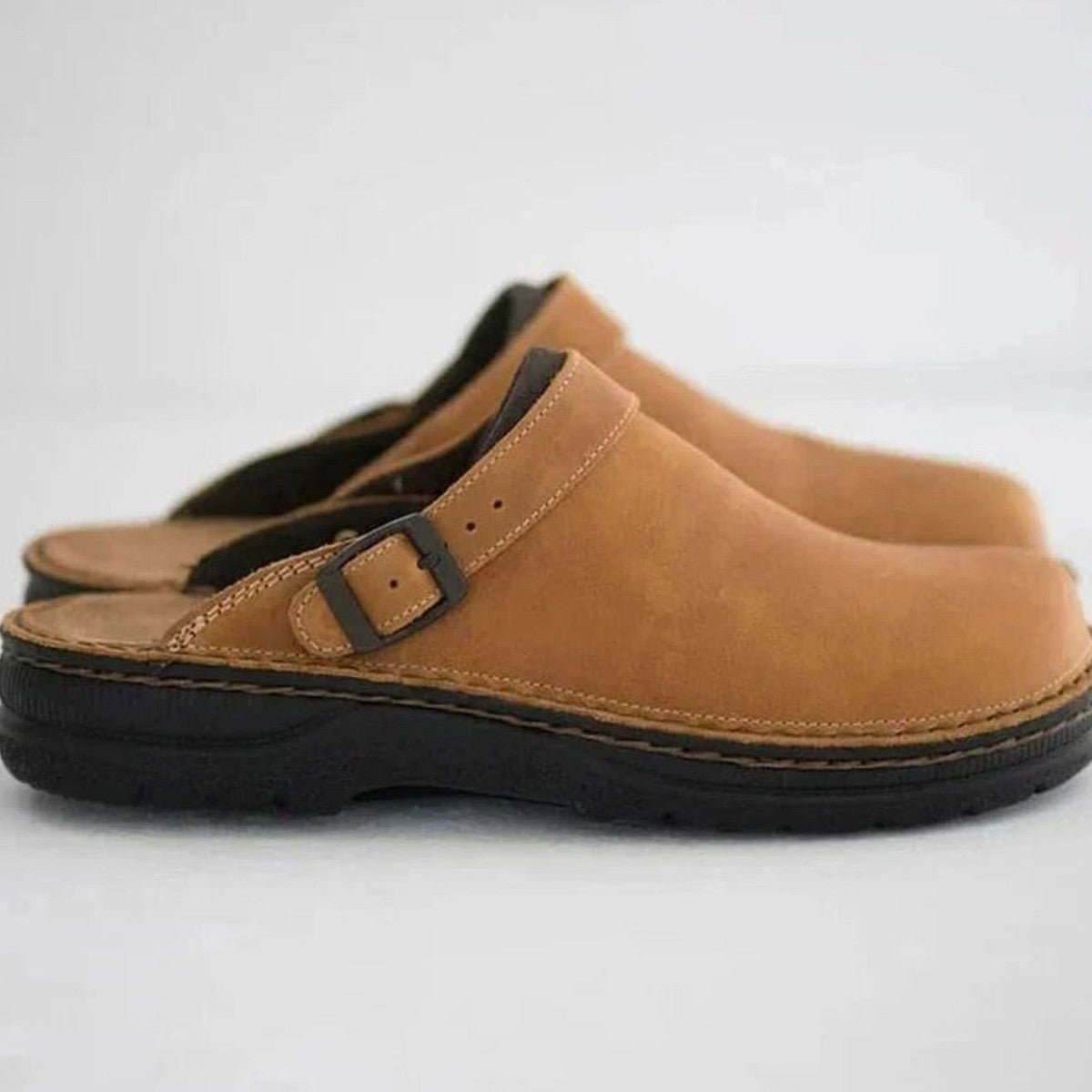 Men Round Toe Leather Mules with Adjustable Buckle Strap and Arch Support